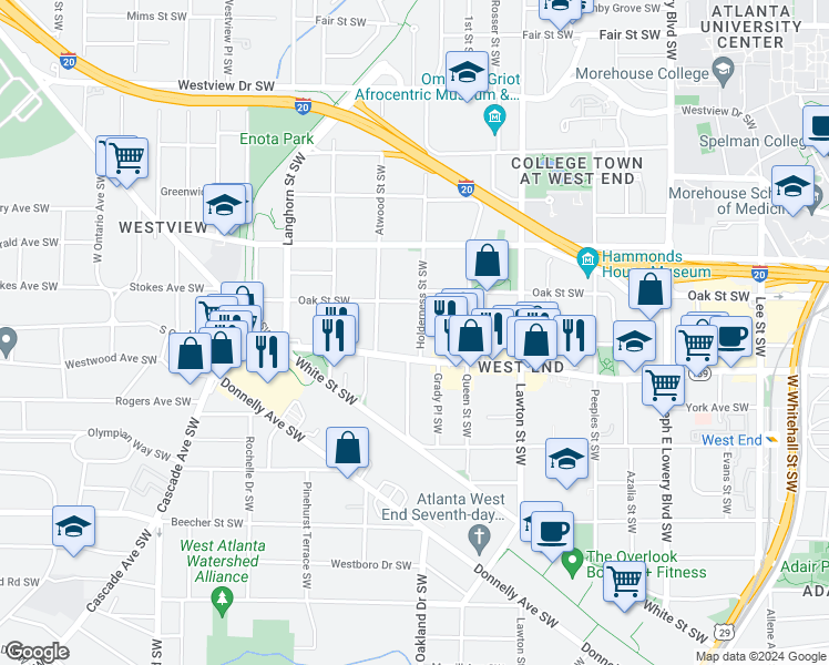 map of restaurants, bars, coffee shops, grocery stores, and more near 573 Holderness Street Southwest in Atlanta