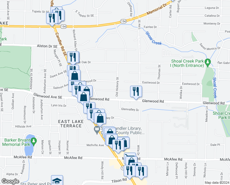 map of restaurants, bars, coffee shops, grocery stores, and more near 1793 Old Hickory Street in Decatur