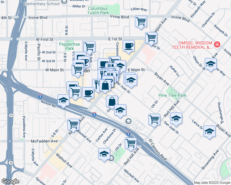 map of restaurants, bars, coffee shops, grocery stores, and more near 1071 Walnut Street in Tustin