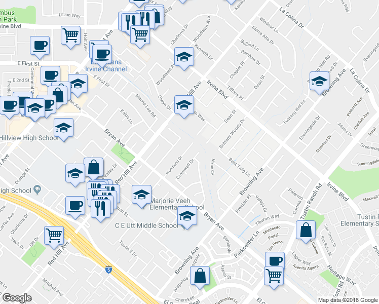 map of restaurants, bars, coffee shops, grocery stores, and more near 13312 Woodland Drive in Tustin