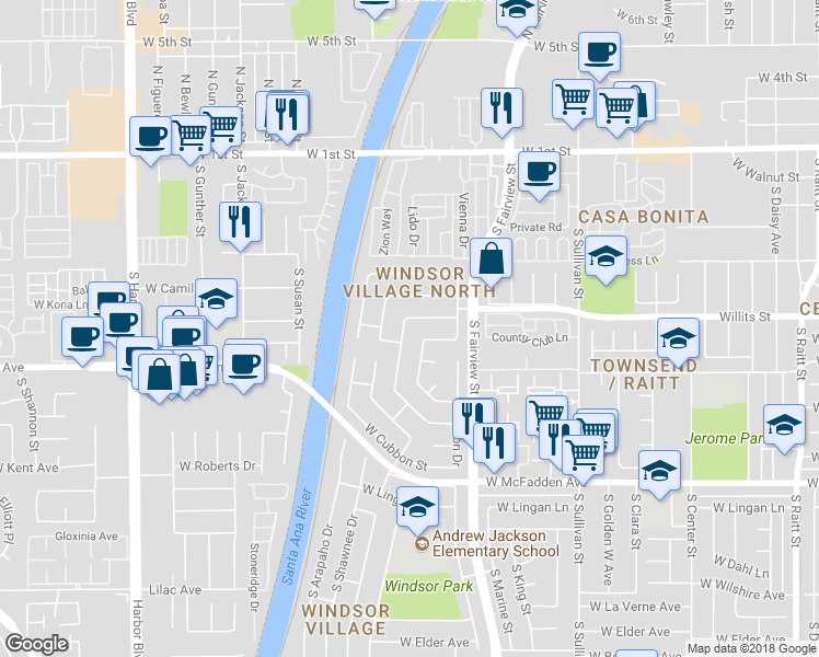map of restaurants, bars, coffee shops, grocery stores, and more near 605 South Mohawk Drive in Santa Ana
