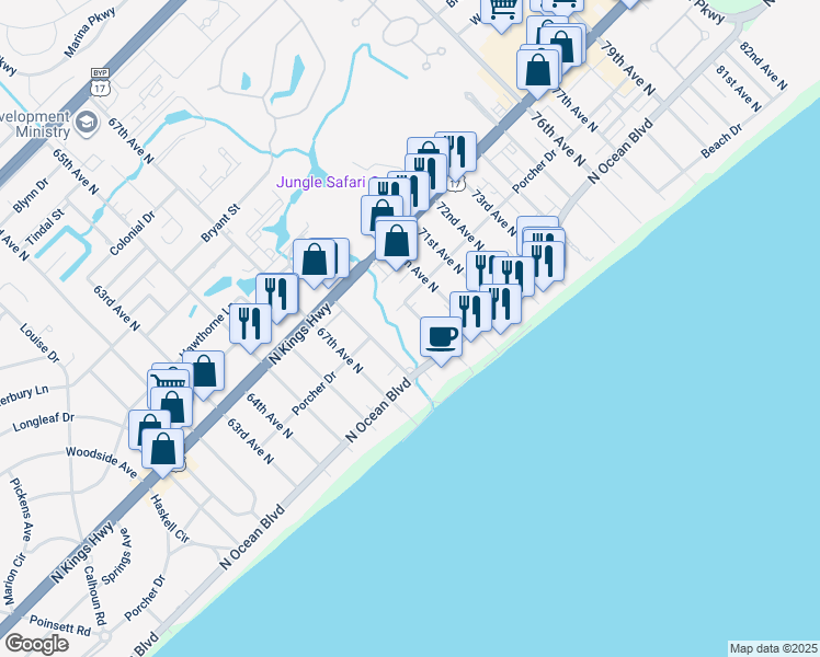 map of restaurants, bars, coffee shops, grocery stores, and more near 311 69th Avenue North in Myrtle Beach