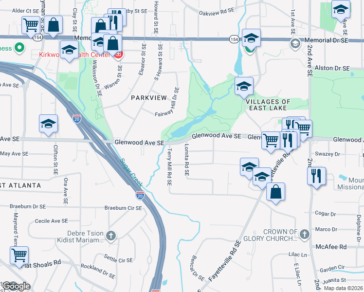 map of restaurants, bars, coffee shops, grocery stores, and more near 2023 Glenwood Avenue Southeast in Atlanta