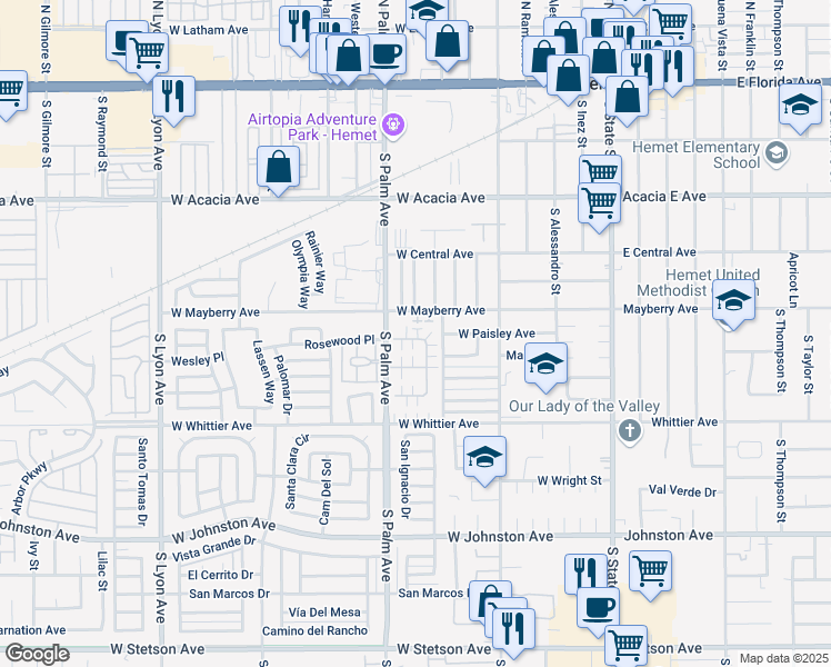 map of restaurants, bars, coffee shops, grocery stores, and more near 772 Oleander Street in Hemet
