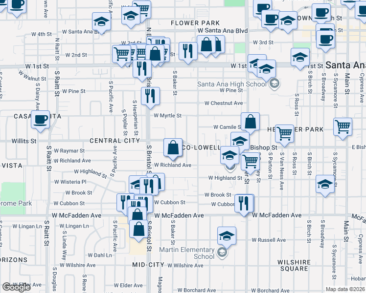 map of restaurants, bars, coffee shops, grocery stores, and more near 606 South Rosewood Avenue in Santa Ana