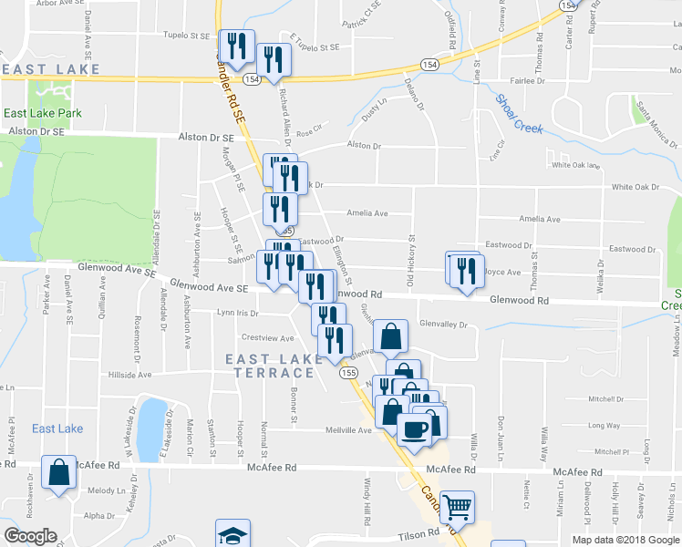 map of restaurants, bars, coffee shops, grocery stores, and more near 1817 Ellington Street in Decatur