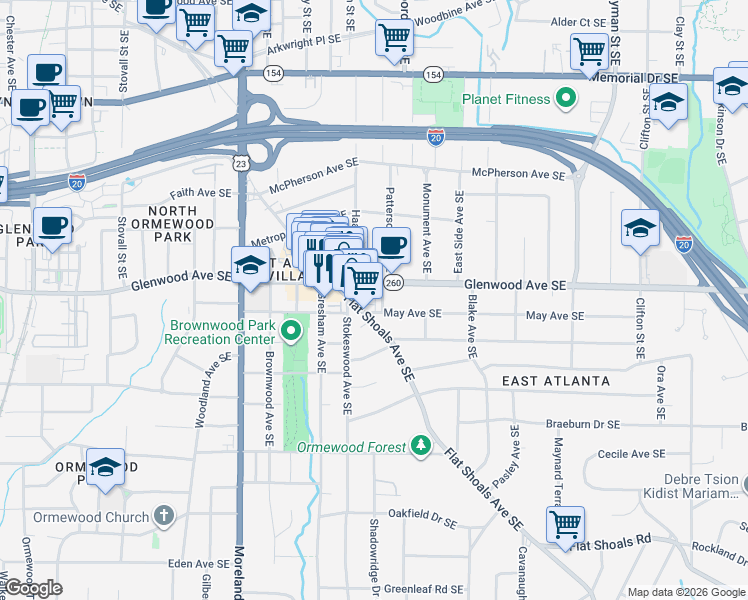map of restaurants, bars, coffee shops, grocery stores, and more near 1332 May Avenue Southeast in Atlanta