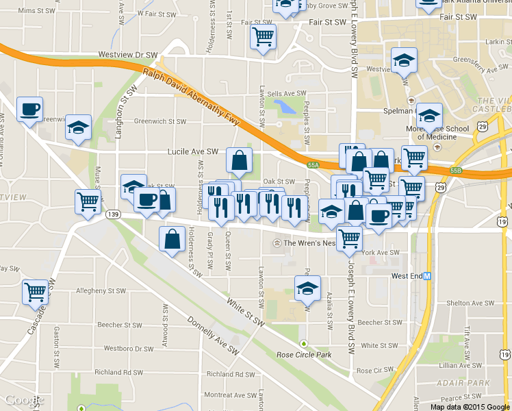map of restaurants, bars, coffee shops, grocery stores, and more near 572 Lawton Street Southwest in Atlanta