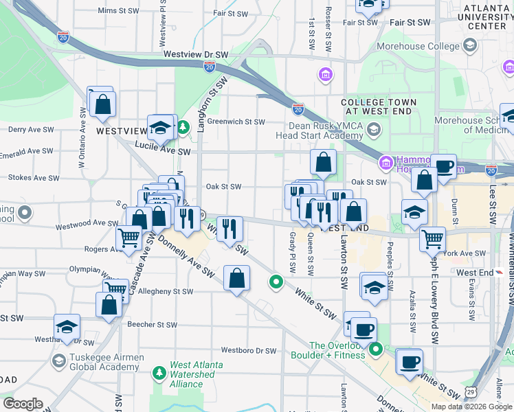 map of restaurants, bars, coffee shops, grocery stores, and more near 567 Atwood Street Southwest in Atlanta