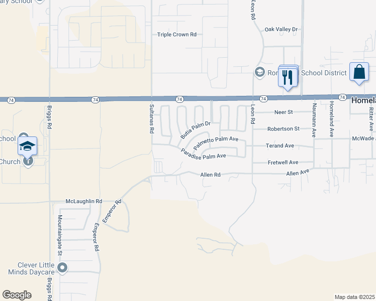 map of restaurants, bars, coffee shops, grocery stores, and more near 30615 Arenga Palm Drive in Homeland