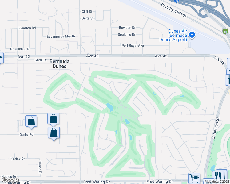 map of restaurants, bars, coffee shops, grocery stores, and more near 42621 Capri Drive in Bermuda Dunes