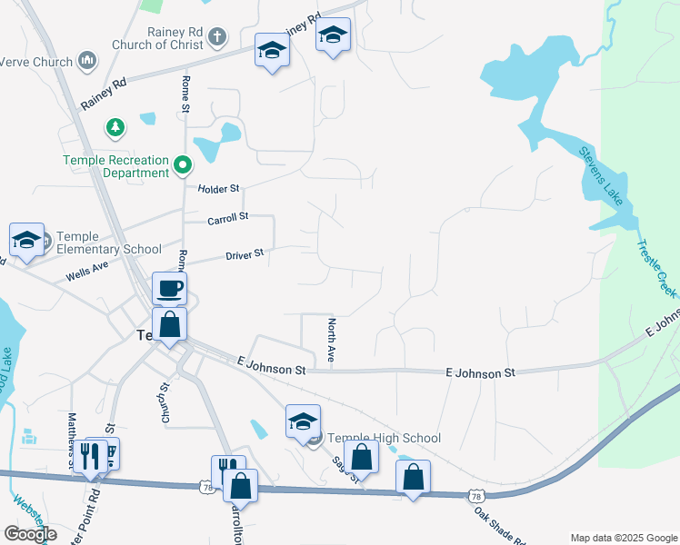 map of restaurants, bars, coffee shops, grocery stores, and more near 126 Creek Crossing Lane in Temple