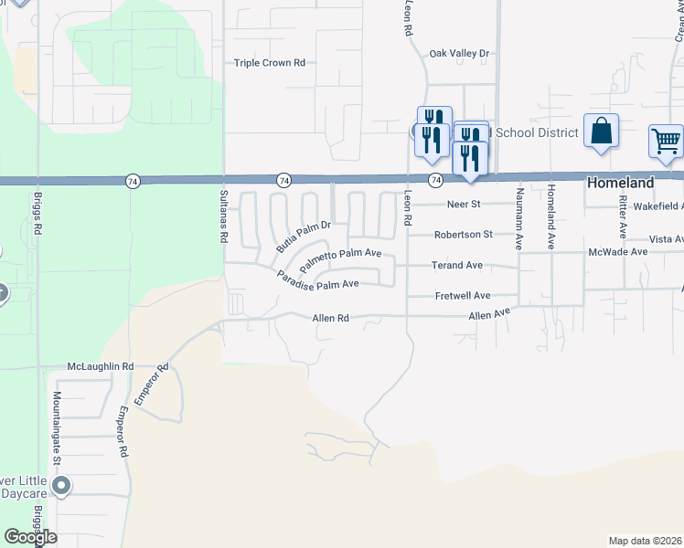 map of restaurants, bars, coffee shops, grocery stores, and more near 30765 Cocos Palm Avenue in Homeland