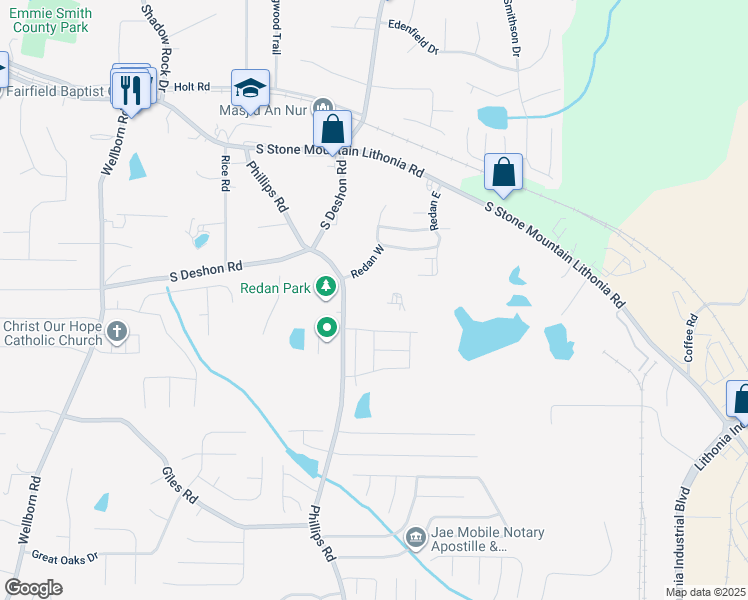 map of restaurants, bars, coffee shops, grocery stores, and more near 1790 Phillips Road in Lithonia