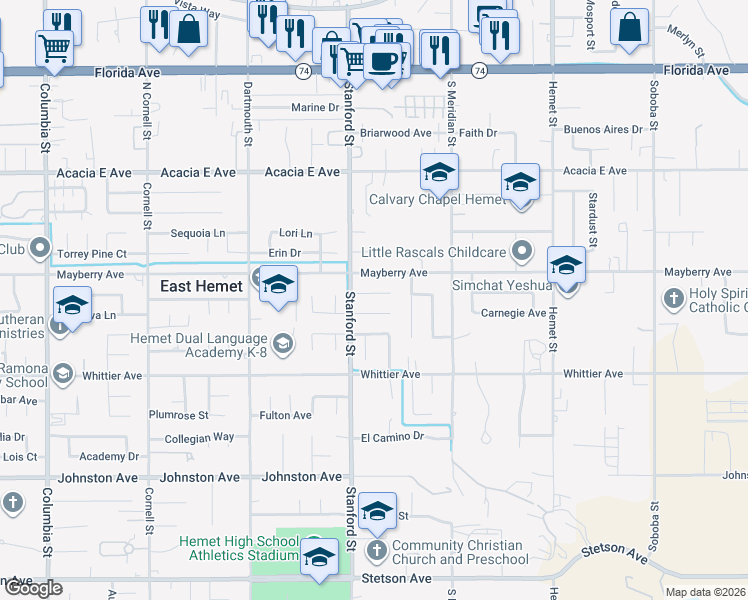 map of restaurants, bars, coffee shops, grocery stores, and more near 41797 Shady Lane in Hemet