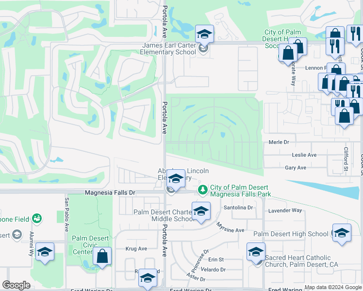 map of restaurants, bars, coffee shops, grocery stores, and more near 73945 Zircon Circle West in Palm Desert