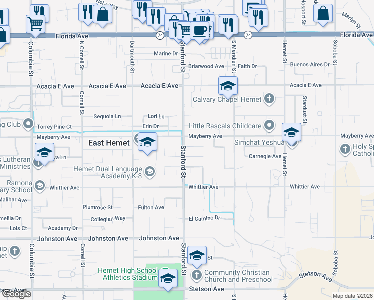 map of restaurants, bars, coffee shops, grocery stores, and more near 41753 Shady Lane in Hemet