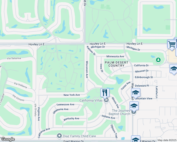 map of restaurants, bars, coffee shops, grocery stores, and more near 42620 Wisconsin Avenue in Palm Desert