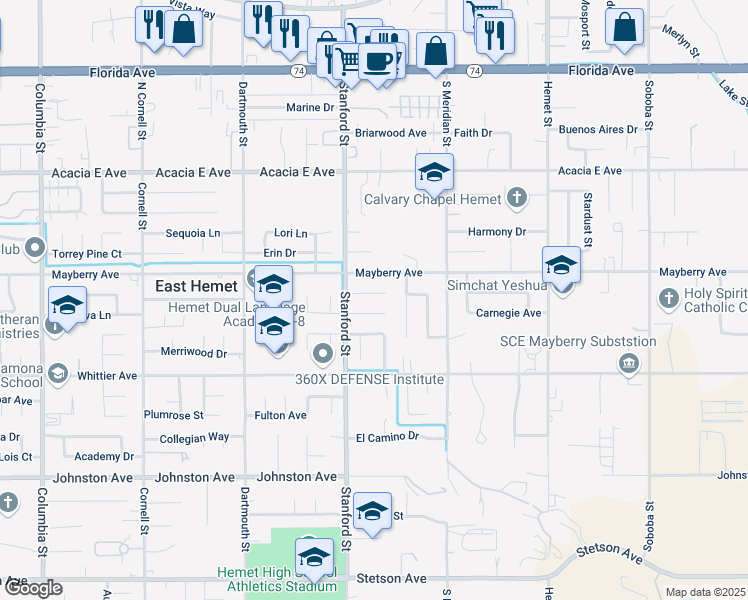 map of restaurants, bars, coffee shops, grocery stores, and more near 41803 Shady Lane in Hemet