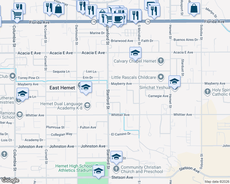 map of restaurants, bars, coffee shops, grocery stores, and more near 41797 Shady Lane in Hemet