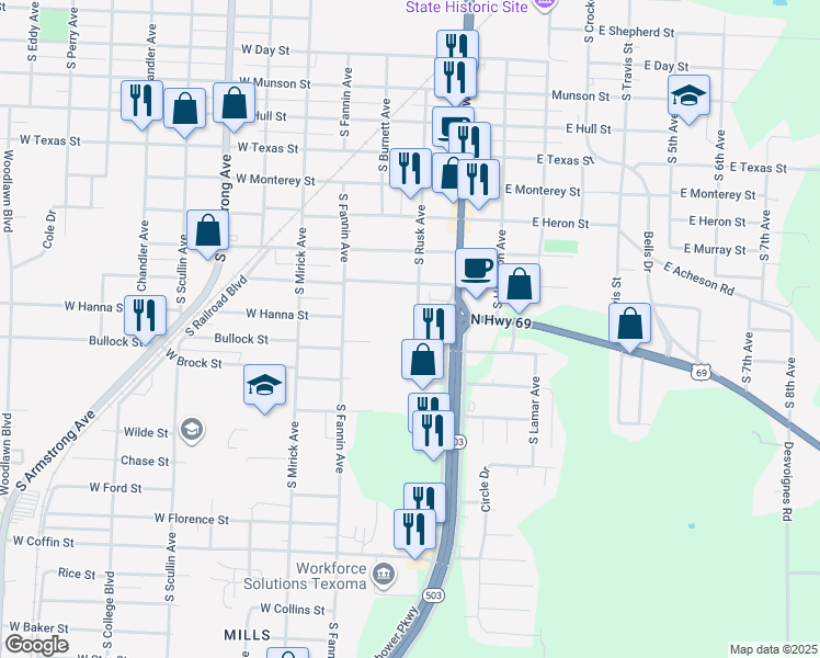 map of restaurants, bars, coffee shops, grocery stores, and more near 1603 South Rusk Avenue in Denison