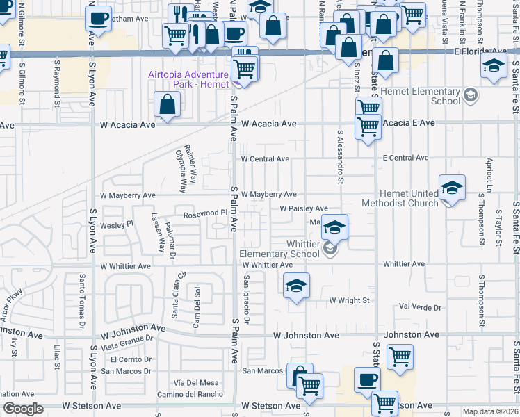map of restaurants, bars, coffee shops, grocery stores, and more near 754 Oleander Street in Hemet