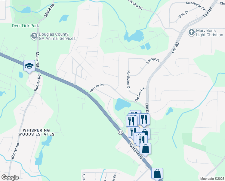 map of restaurants, bars, coffee shops, grocery stores, and more near 8881 Old Lee Road in Lithia Springs