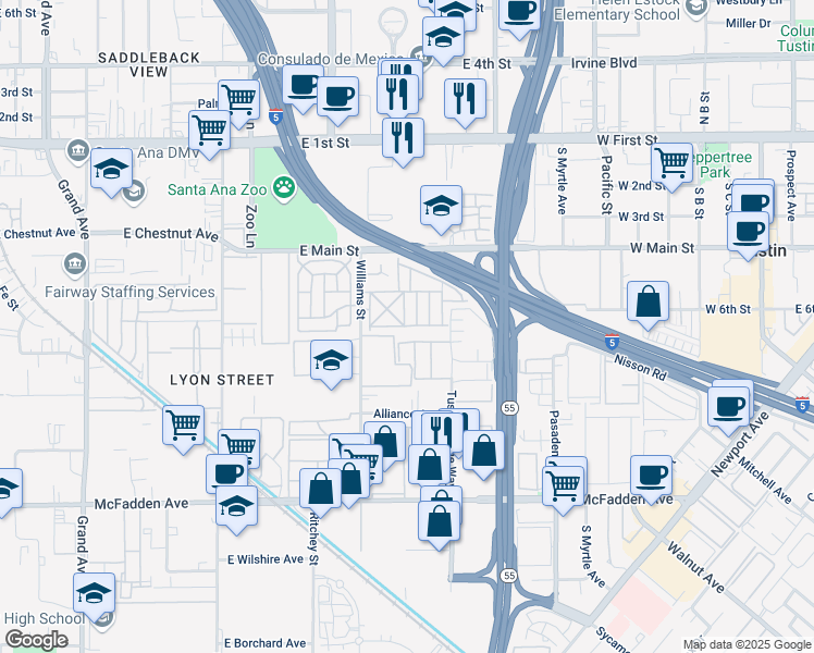 map of restaurants, bars, coffee shops, grocery stores, and more near 126 Balboa Lane in Tustin