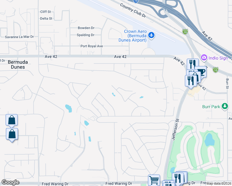 map of restaurants, bars, coffee shops, grocery stores, and more near 42515 Castle Harbor Court in Bermuda Dunes