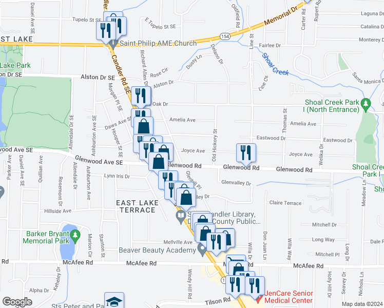 map of restaurants, bars, coffee shops, grocery stores, and more near 2565 Joyce Avenue in Decatur