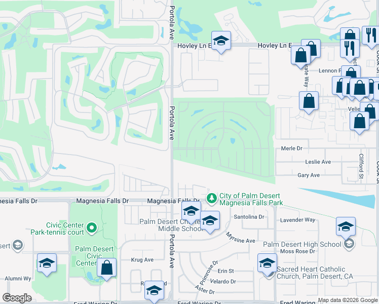 map of restaurants, bars, coffee shops, grocery stores, and more near 73945 Zircon Circle West in Palm Desert