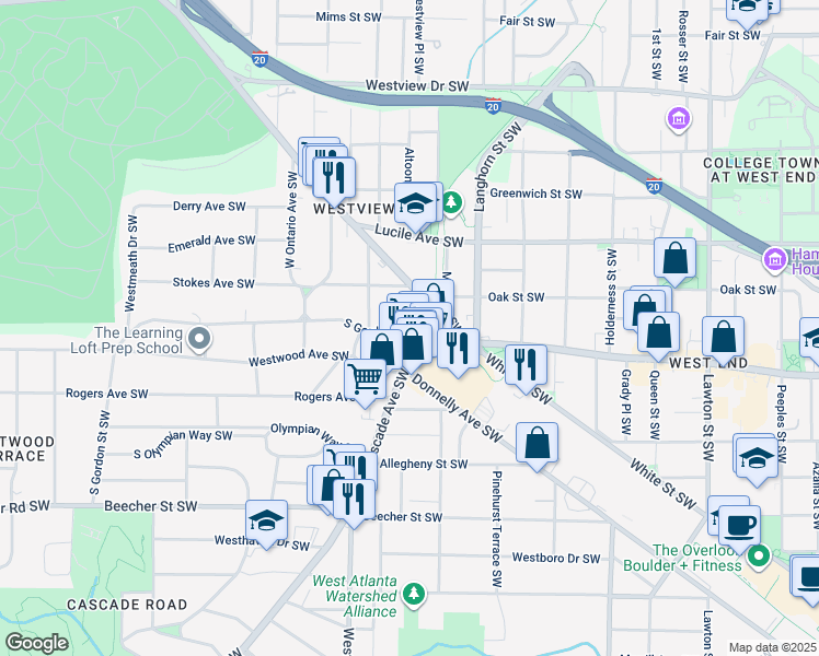map of restaurants, bars, coffee shops, grocery stores, and more near 1439 South Gordon Street Southwest in Atlanta