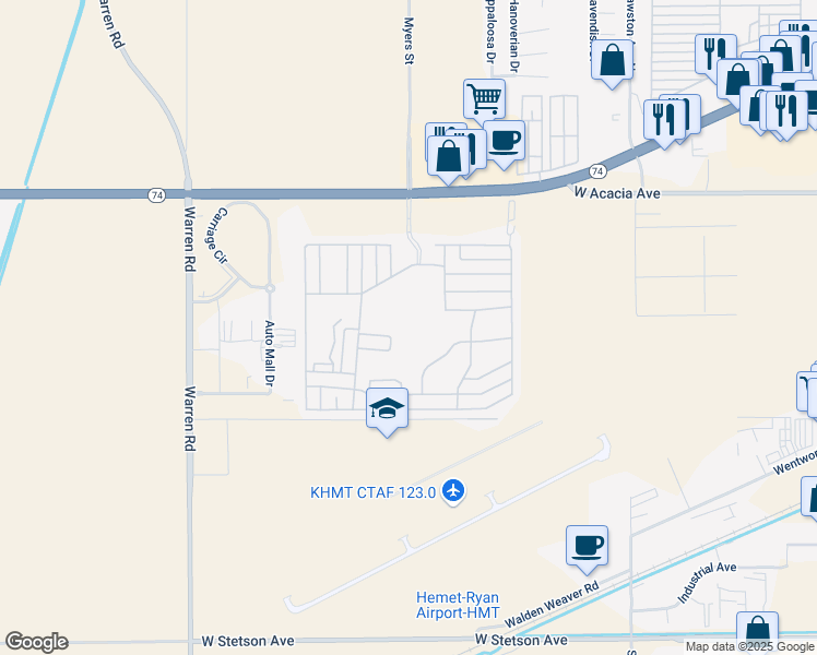 map of restaurants, bars, coffee shops, grocery stores, and more near 5001 West Florida Avenue in Hemet