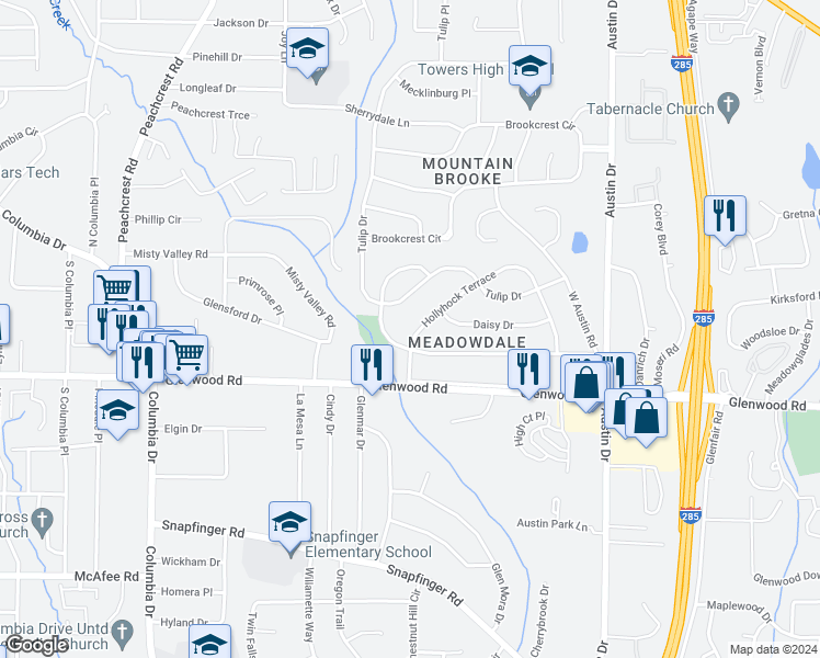 map of restaurants, bars, coffee shops, grocery stores, and more near 1781 Hollyhock Terrace in Decatur