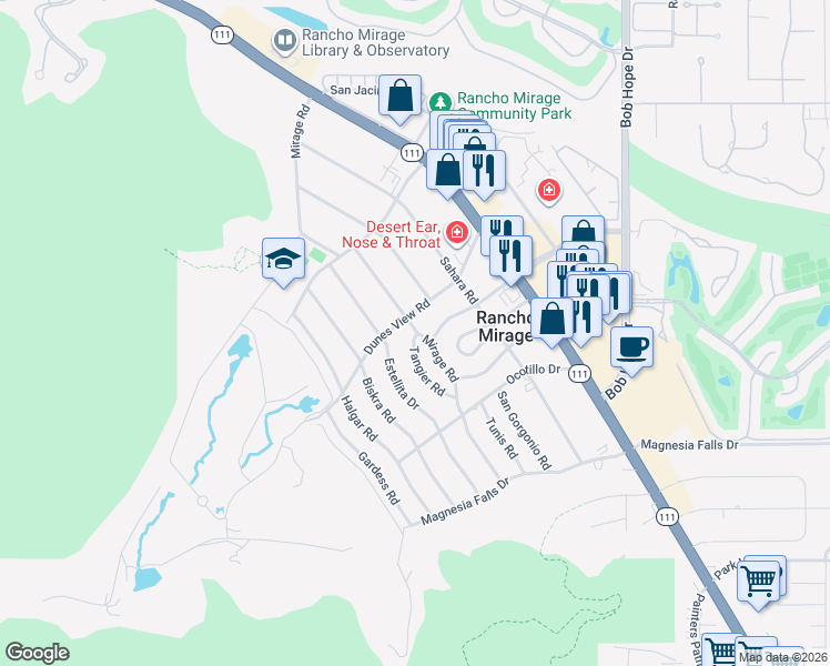 map of restaurants, bars, coffee shops, grocery stores, and more near 71521 Mirage Road in Rancho Mirage