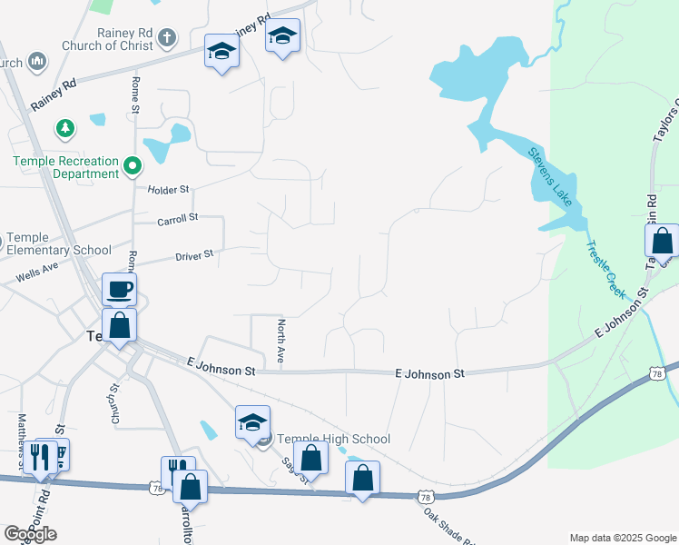 map of restaurants, bars, coffee shops, grocery stores, and more near 131 Deer Crossing in Temple