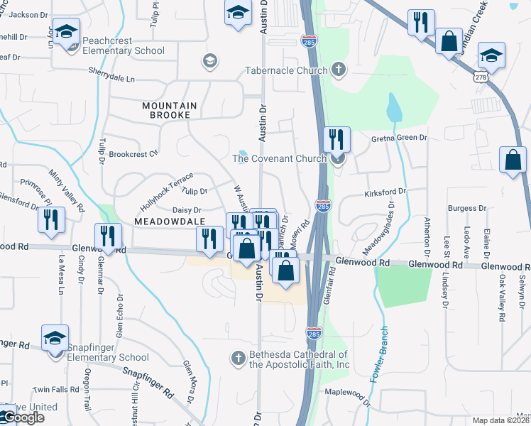 map of restaurants, bars, coffee shops, grocery stores, and more near 1770 Austin Drive in Decatur