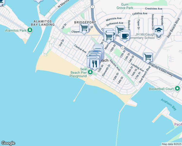 map of restaurants, bars, coffee shops, grocery stores, and more near 900 East Seal Way in Seal Beach