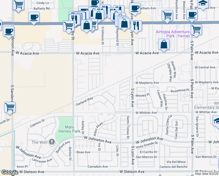 map of restaurants, bars, coffee shops, grocery stores, and more near 2112 Rosemary Court in Hemet