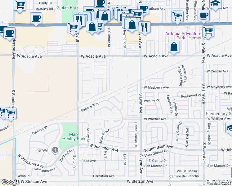 map of restaurants, bars, coffee shops, grocery stores, and more near 2112 Rosemary Court in Hemet