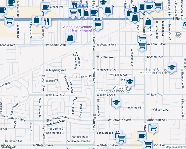 map of restaurants, bars, coffee shops, grocery stores, and more near 571 South Palm Avenue in Hemet