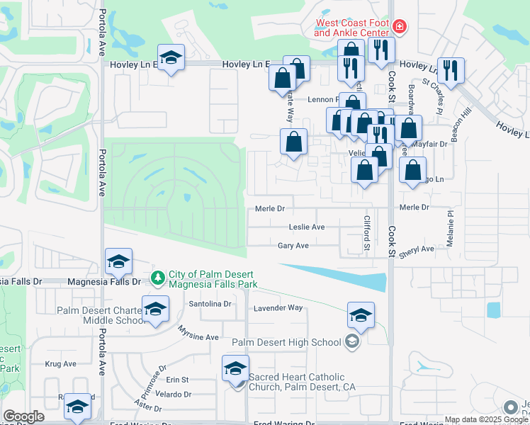 map of restaurants, bars, coffee shops, grocery stores, and more near 74561 Merle Drive in Palm Desert