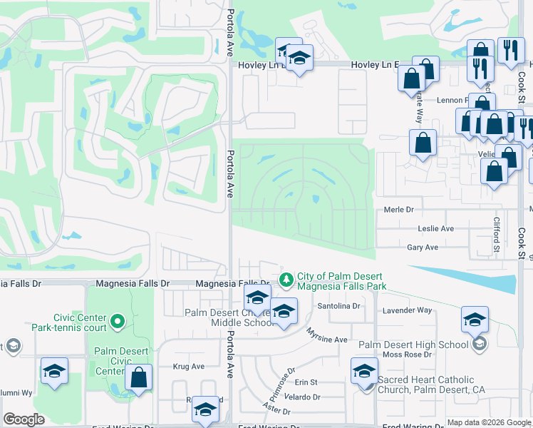 map of restaurants, bars, coffee shops, grocery stores, and more near 73995 Nevada Circle West in Palm Desert