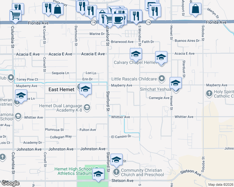 map of restaurants, bars, coffee shops, grocery stores, and more near 41803 Shady Lane in Hemet
