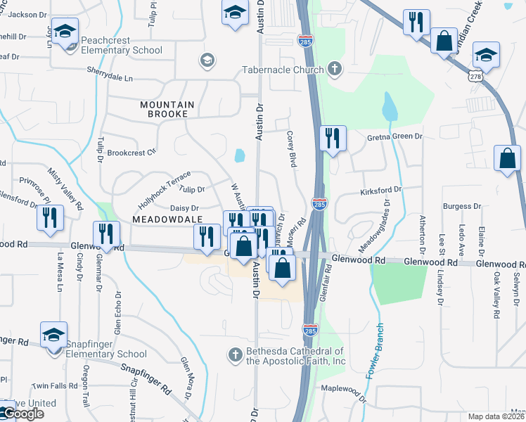 map of restaurants, bars, coffee shops, grocery stores, and more near 1770 Austin Drive in Decatur