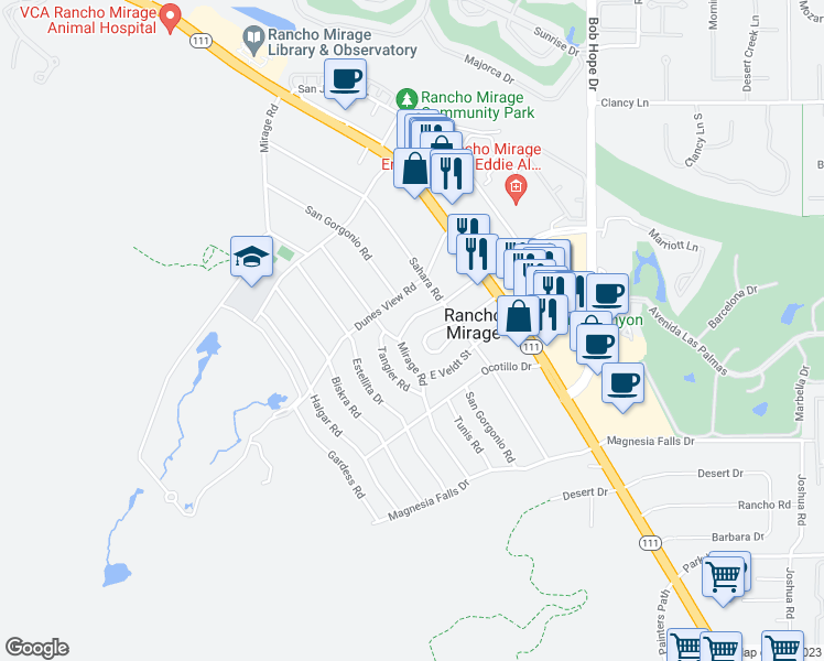 map of restaurants, bars, coffee shops, grocery stores, and more near 42492 Rancho Las Palmas Drive in Rancho Mirage