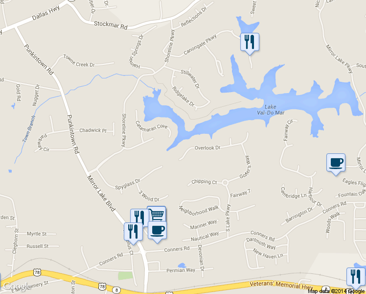 map of restaurants, bars, coffee shops, grocery stores, and more near 1031 Overlook Drive in Villa Rica