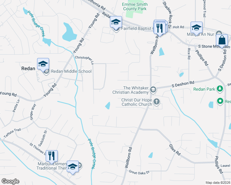 map of restaurants, bars, coffee shops, grocery stores, and more near 5921 South Deshon Court in Lithonia