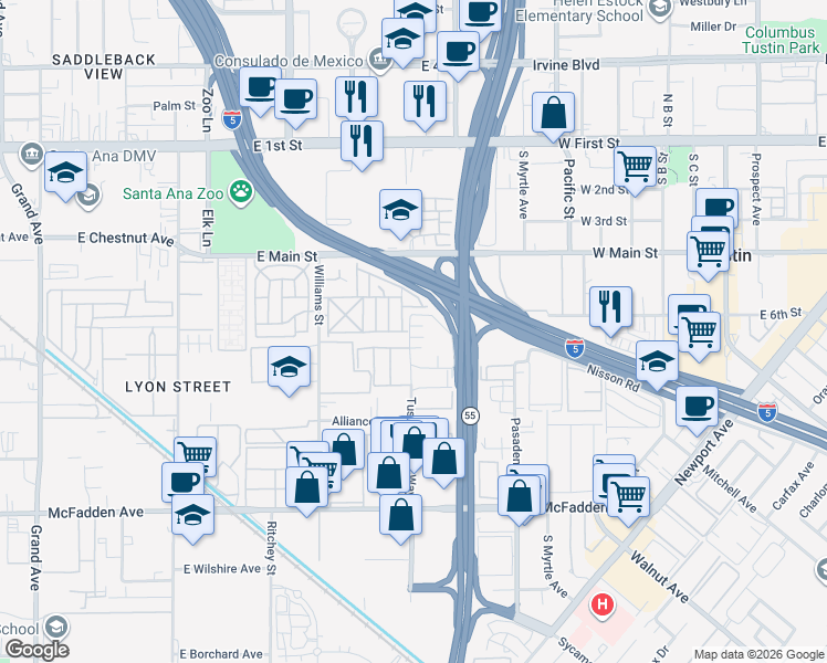 map of restaurants, bars, coffee shops, grocery stores, and more near 90 Tustin Village Way in Tustin