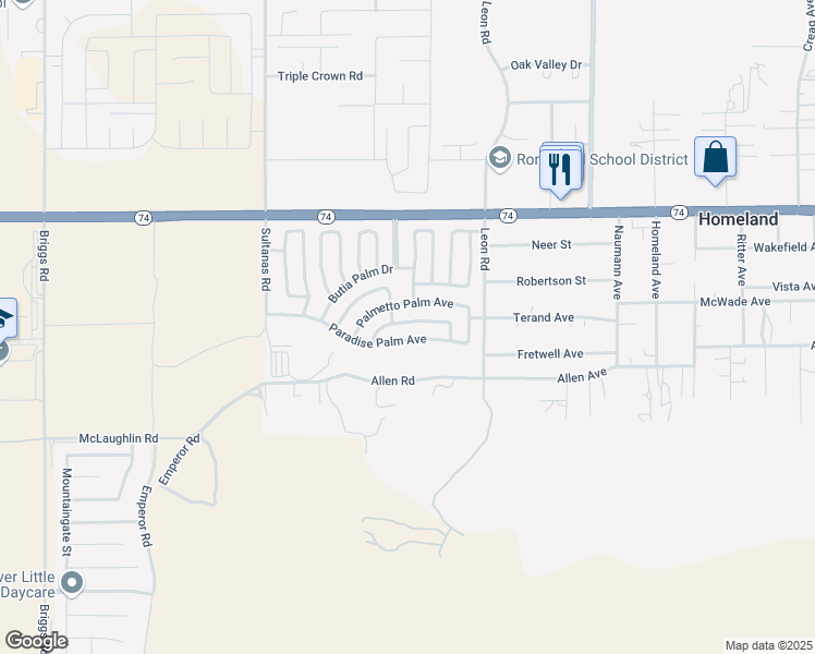 map of restaurants, bars, coffee shops, grocery stores, and more near 30765 Cocos Palm Avenue in Homeland